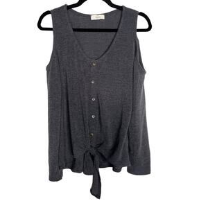 New Entro Medium Dark Heather Gray Button Front Cold Shoulder Tie Front Knit Top